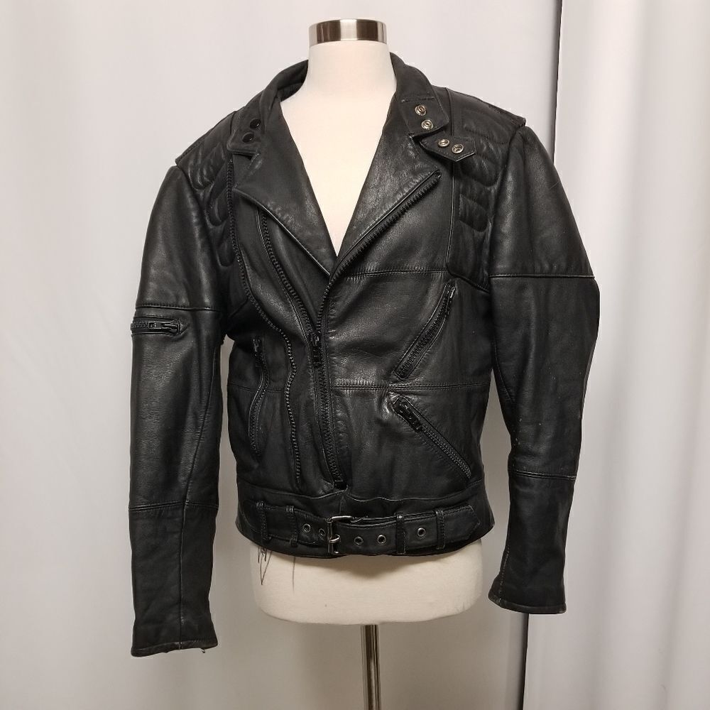 Vintage 90s y2k Punk Goth Black‎ Leather Armored Belted Motorcycle Moto Jacket S